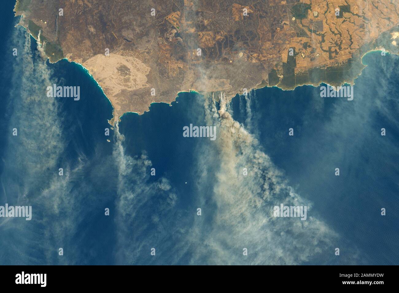 AUSTRALIA - 9 Jan 2020 - Satellite view of burned land and and bushfires on Kangaroo Island Australia. According to news reports, at least 156,000 hec Stock Photo