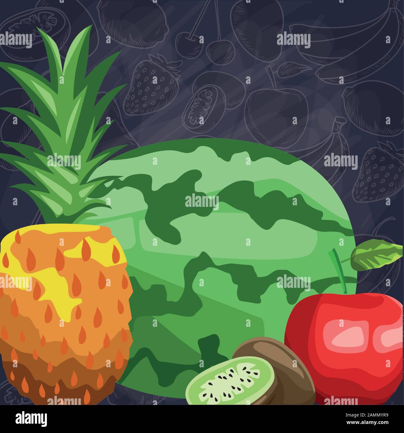 fresh fruit pineapple apple watermelon kiwi food healthy Stock Vector ...