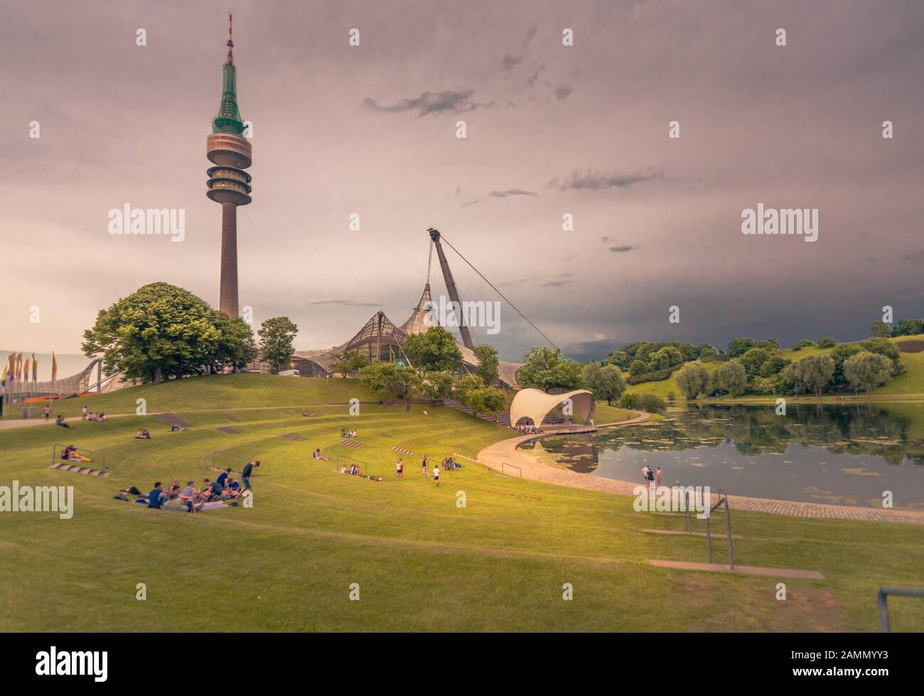 MUNICH, BAVARIA - GERMANY - MAY 30 2017: Olympic Park. View to Olympic Stadium from top point. Evening late. Sunset. Stock Photo