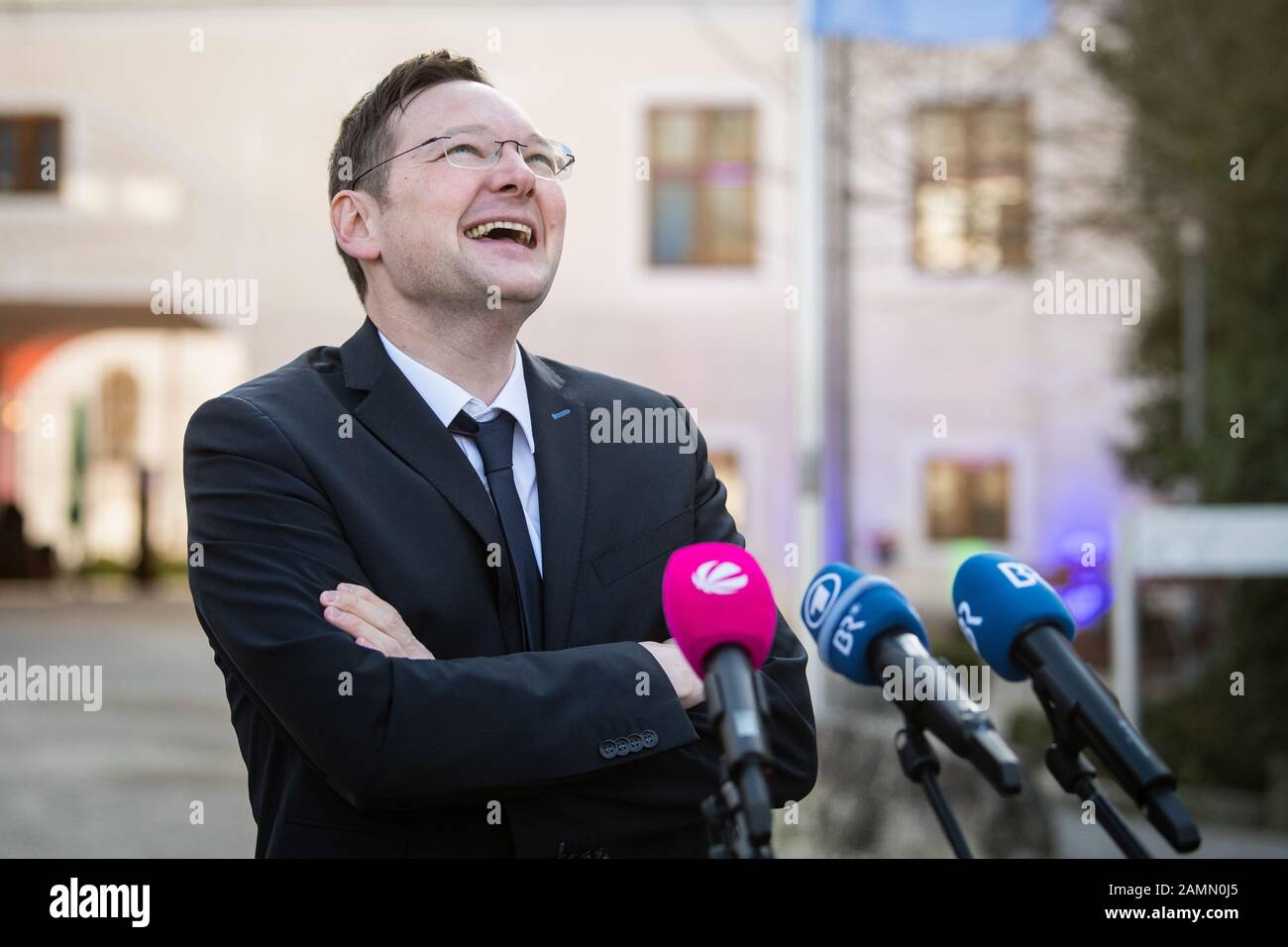 Seeon, Germany. 14th Jan, 2020. Hans Reichhart (CSU), Minister of State for Housing, Construction and Transportation in Bavaria, laughs during his press statement at the closed meeting of the CSU state parliamentary group in the monastery Seeon. Bavarian Transport Minister Reichhart wants to resign from his cabinet post on 1st February and concentrate on the upcoming local elections in his Swabian home district of Günzburg. Credit: Matthias Balk/dpa/Alamy Live News Stock Photo