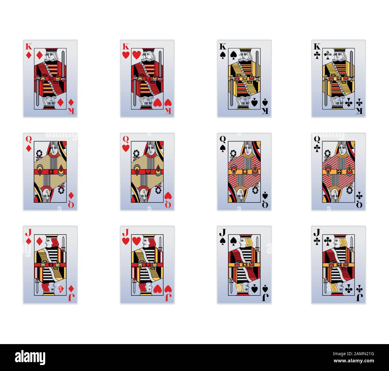 King, Queen and jack of heart, of all suits of gambling cards over