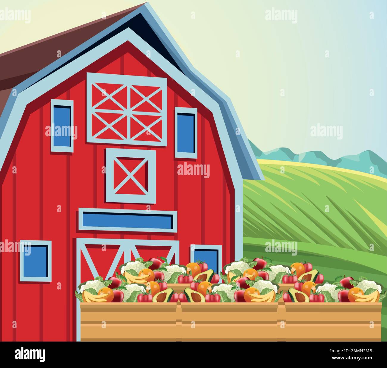 Farming Barn And Box With Harvest Fruits And Vegetables Stock