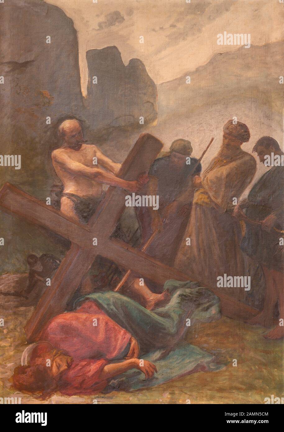 COMO, ITALY - MAY 8, 2015: The painting -  Fall of Jesus under the cross in church Santuario del Santissimo Crocifisso as the part of Via Crucis. Stock Photo