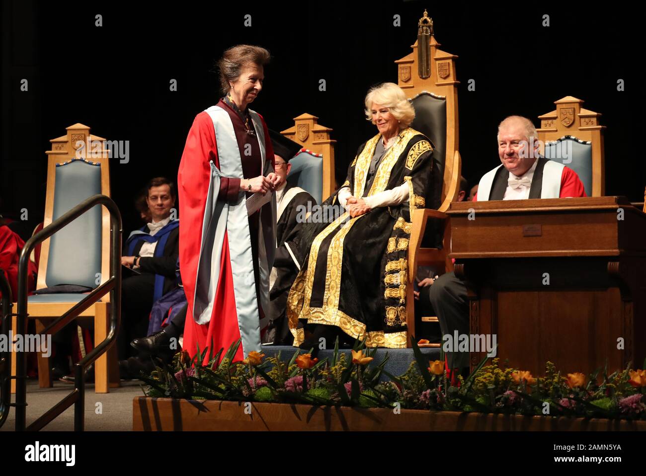 The Duchess of Cornwall (known as the Duchess of Rothesay while in Scotland) presents an honorary degree to her sister-in-law the Princess Royal at the University of Aberdeen. Stock Photo