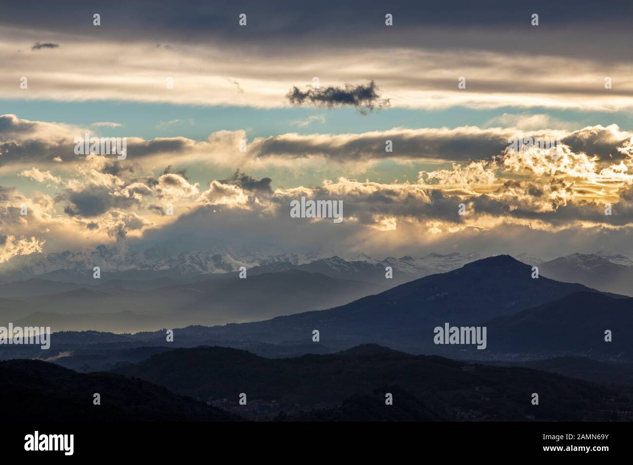 The sunset clouds over the landscape from Brunate - Lago di Como Stock Photo