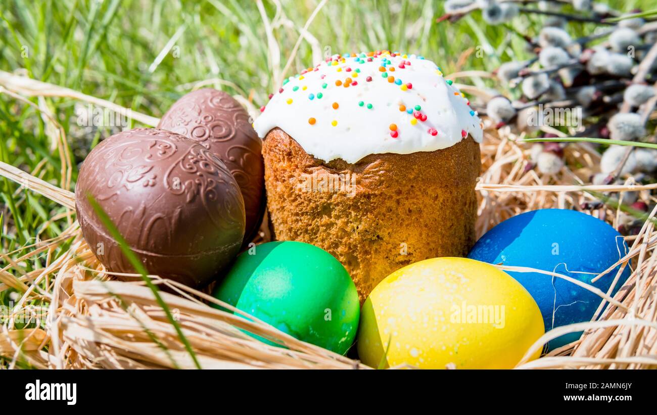 Close-up of sweet Easter cakes with colorful eggs among spring grass. Concept of easter traditional and holiday Stock Photo