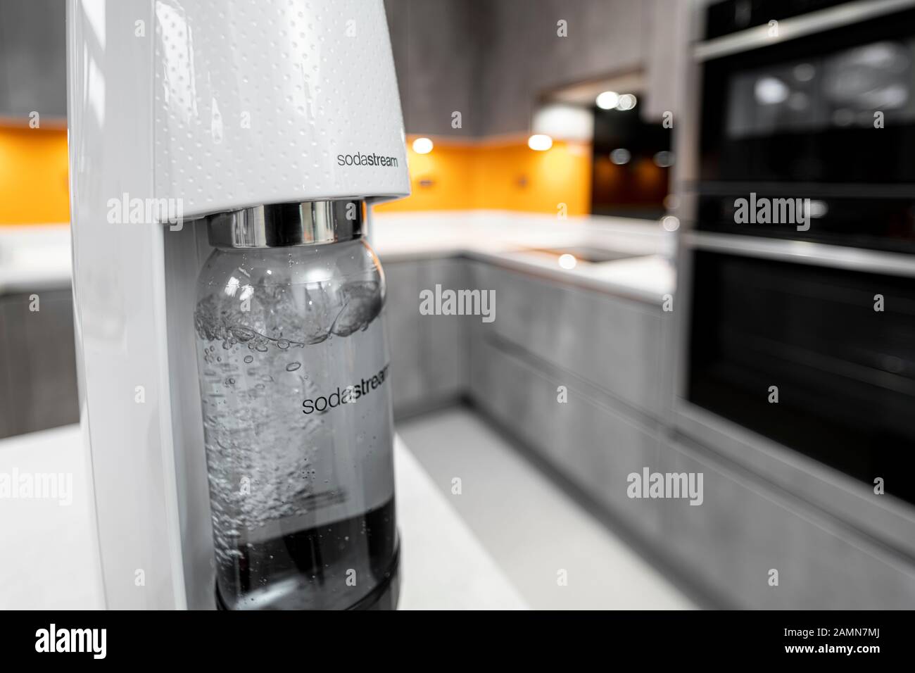 Sodastream in a modern contemporary grey kitchen Stock Photo