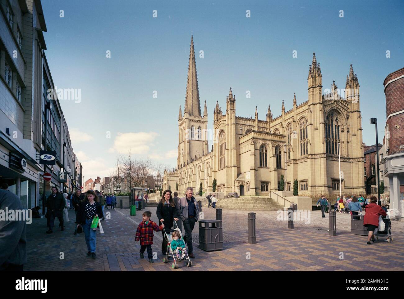The pedestrianised part of Wakefield City Centre, in 1994, adjacent to the Cathedral, West Yorkshire, Northern England, UK Stock Photo