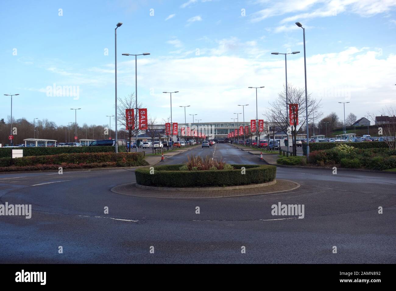 The Car Park Outside Boundary Mills Retail Shopping Outlet in Colne, Pendle, Lancashire, England, UK. Stock Photo