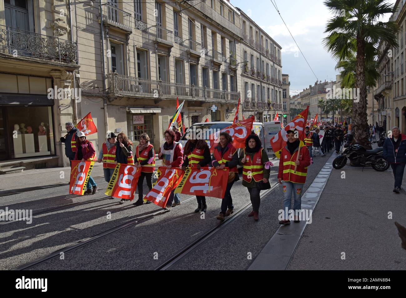 Montpellier, France. 14th January 2020. A large march and demonstration against President Macron's planned pension reform takes place through the city centre. HUndreds of protestors took to the streets, including teachers, telecoms workers and lawyers.  G.P Essex/Alamy Live News Stock Photo
