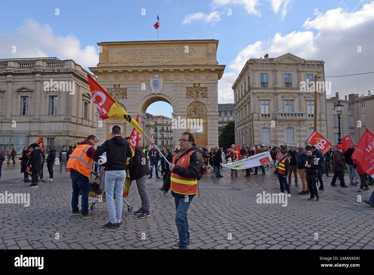 Montpellier, France. 14th January 2020. A large march and demonstration against President Macron's planned pension reform takes place through the city centre. Hundreds of protestors took to the streets, including teachers, telecoms workers and lawyers.  G.P Essex/Alamy Live News Stock Photo