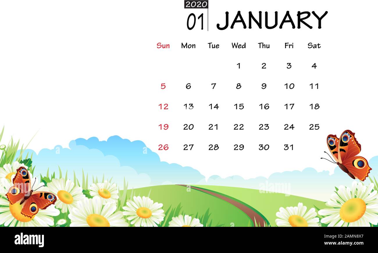 January 2020 Calendar Concept Banner on Floral Background. Desk Calendar  Layout. Nature Illustration. Graphic. Design Element for Diary Cover. Print  Stock Photo - Alamy