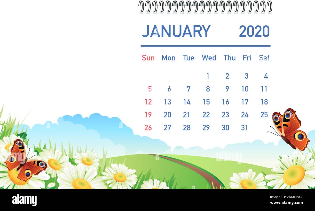 January 2020 Calendar Concept Banner On Floral Background Desk