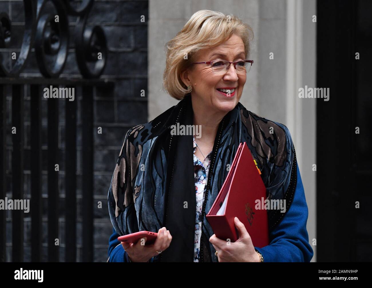 Downing Street, London, UK. 14th January 2020. Andrea Leadsom, Secretary of State for Business, Energy and Industrial Strategy, leaves Downing Street after weekly cabinet meeting. Credit: Malcolm Park/Alamy Live News. Stock Photo