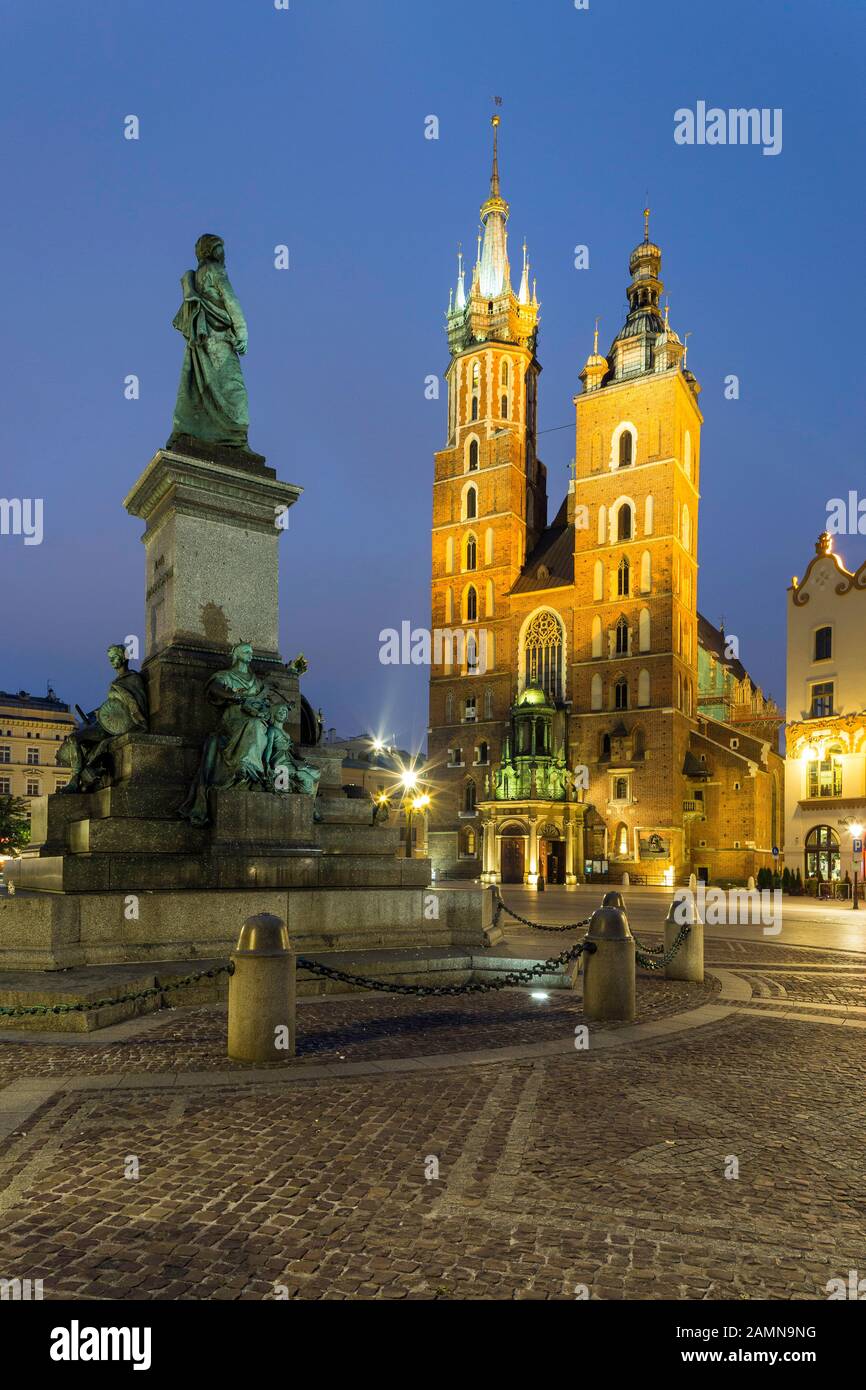 The Mickiewicz Monument in front of St. Mary's Basilica, Krakow, Poland Stock Photo