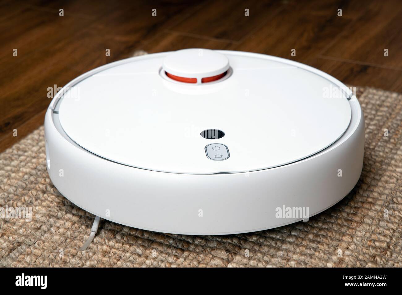 Robotic vacuum cleaner cleans the room from dust and debris, technological progress. Stock Photo