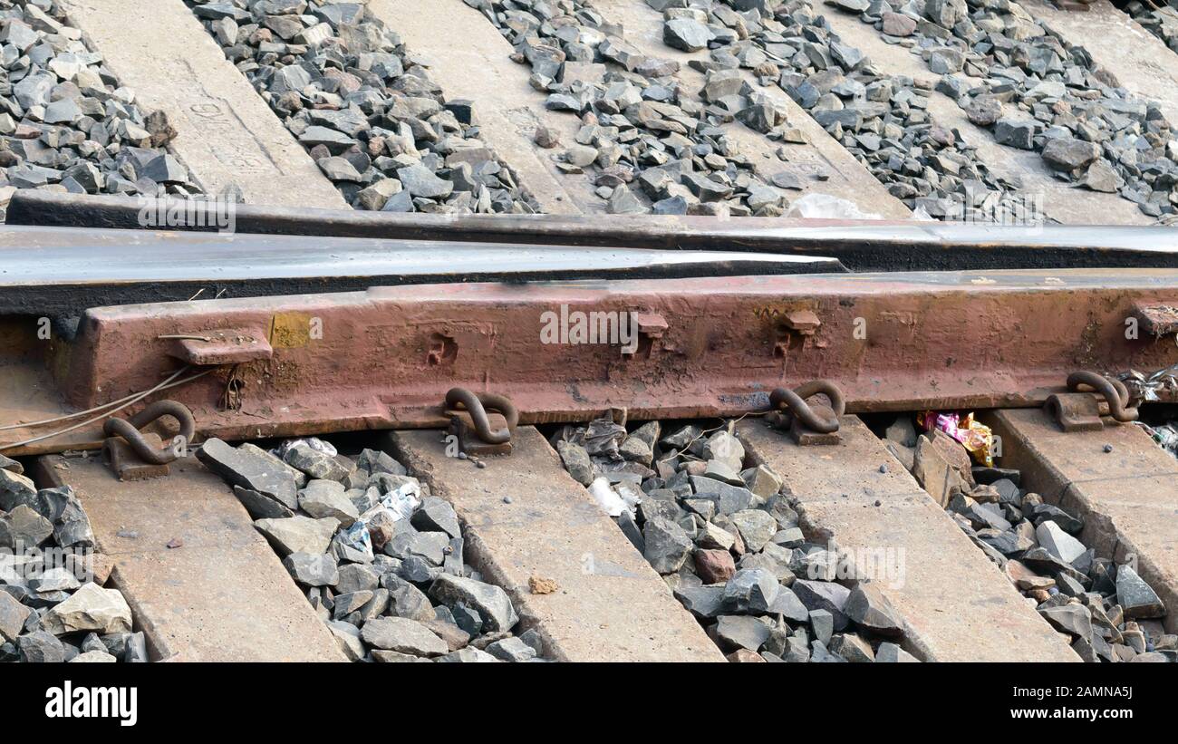 Concrete Indian Railways track. Railway tracks in India. Close Up