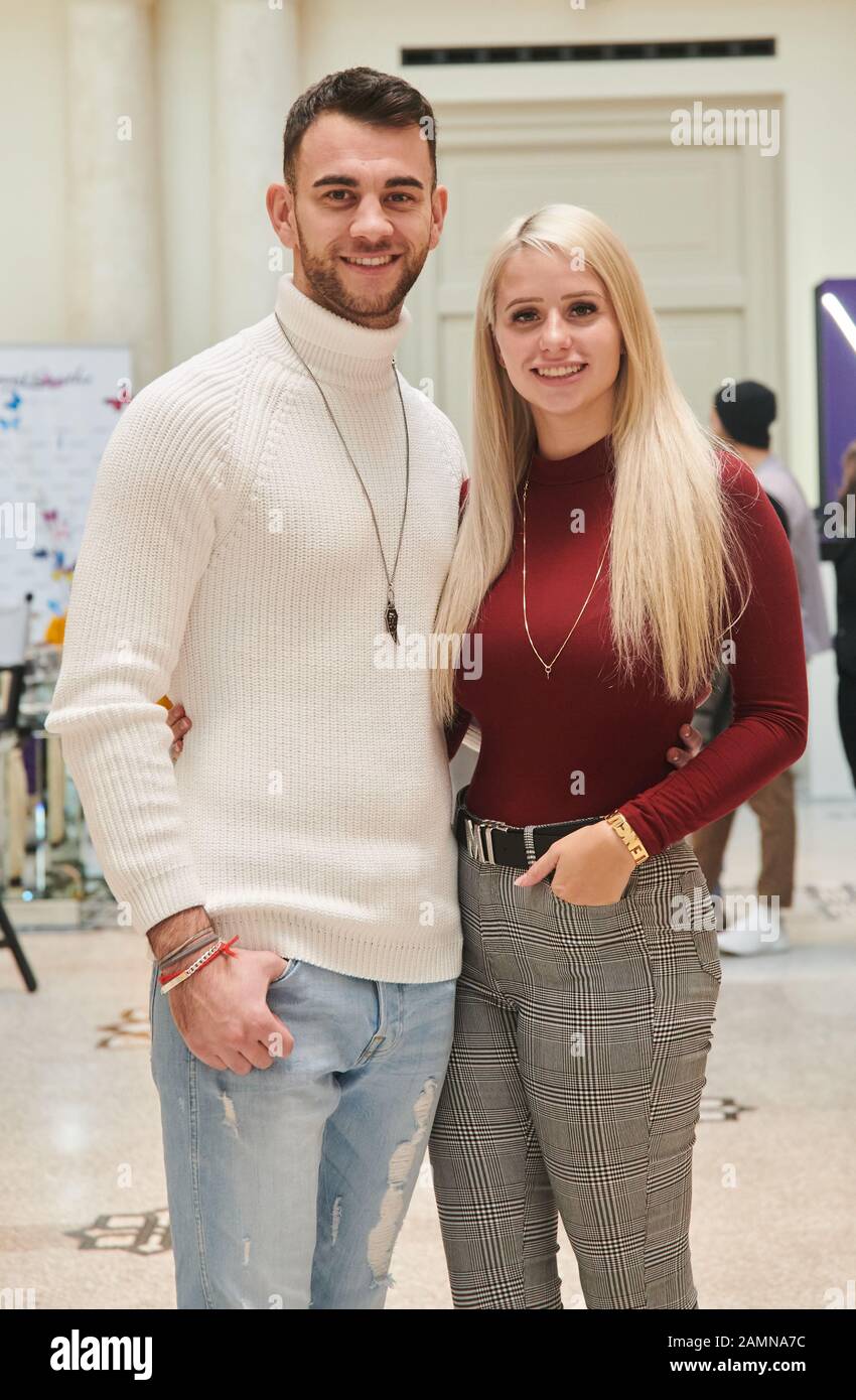 Berlin, Germany. 14th Jan, 2020. The Bachelor-in-Paradise couple Carina Spack and Serkan Yavuz come to the Nobis show at the Hotel de Rome. Credit: Annette Riedl/dpa/Alamy Live News Stock Photo
