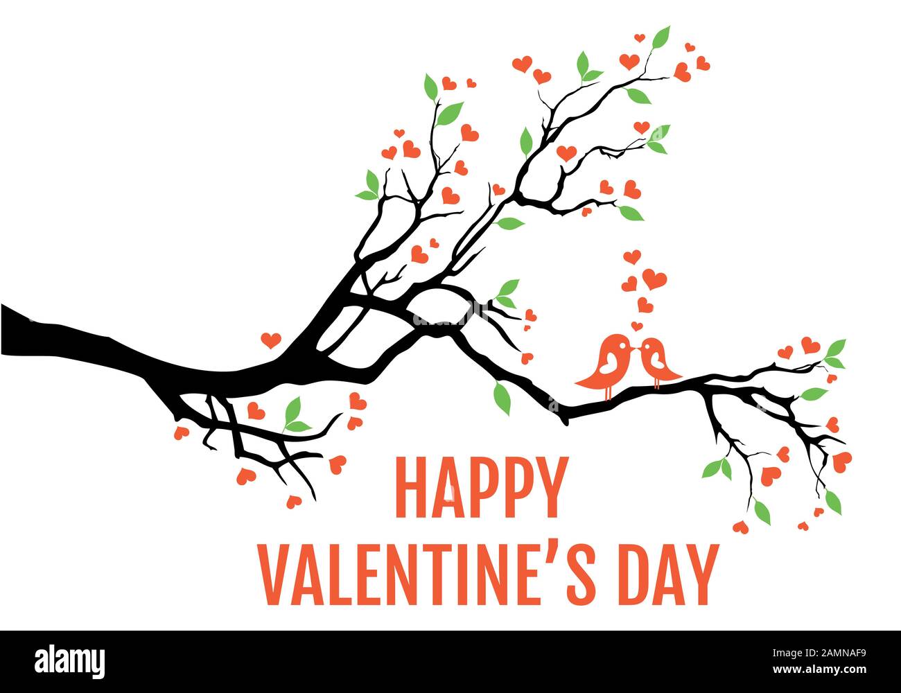 Tree branch with hearts, leaves and love birds, vector illustration for Valentines day cards, wedding invitation Stock Vector