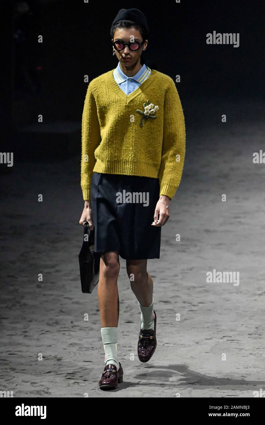 Milan, Italy. 14th Jan, 2020. Milan Fashion Week, Man Fall 2020/2021. Milan, Men's Fashion Winter 2020/21. Gucci show. Pictured: model Credit: Independent Photo Agency/Alamy Live News Stock - Alamy