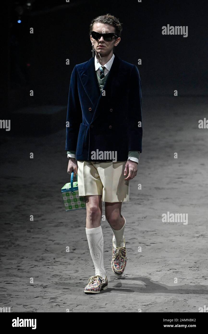 Milan, Italy. 14th Jan, 2020. Milan Fashion Week, Man Fall Winter 2020/2021.  Milan, Men's Fashion Fall Winter 2020/21. Gucci fashion show. Pictured:  model Credit: Independent Photo Agency/Alamy Live News Stock Photo - Alamy