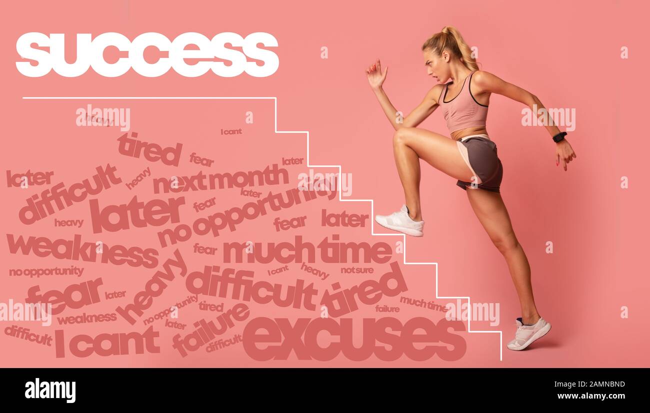 Motivated young woman running by stairs to success lettering Stock Photo