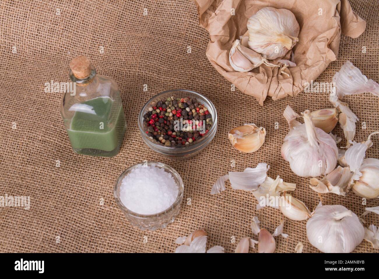 Garlic, black pepper, salt and oil Stock Photo Alamy