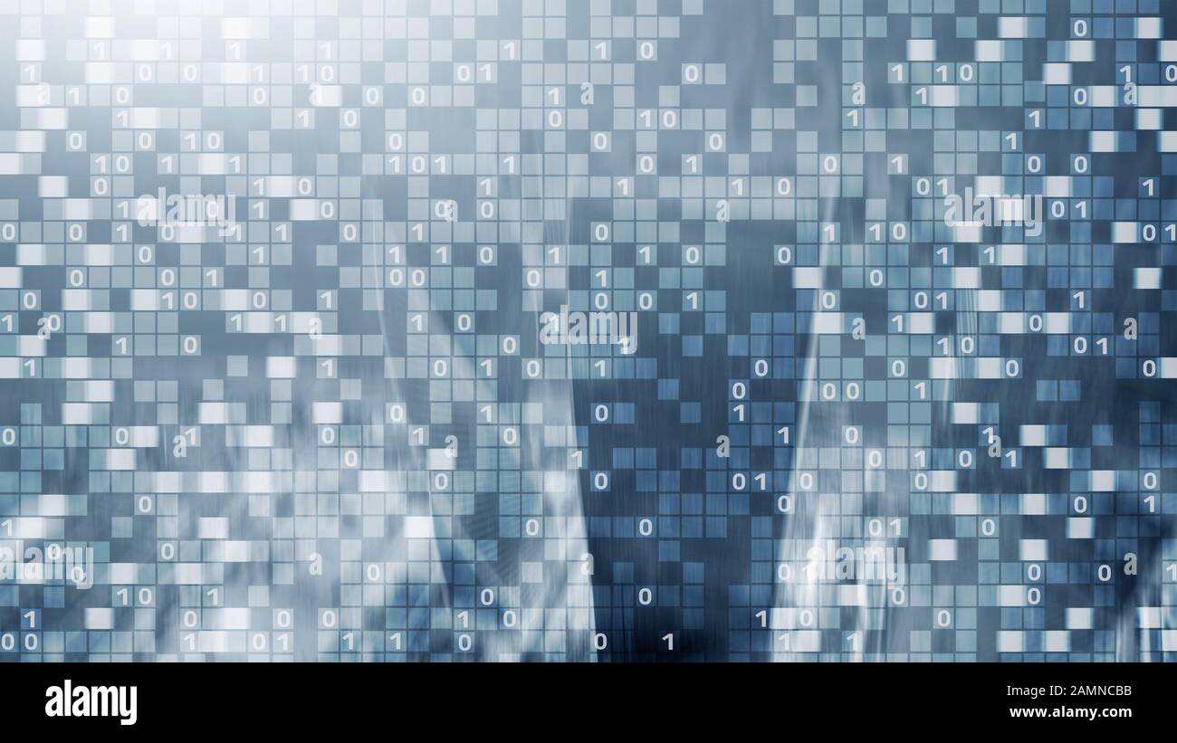 Digital code on blur city background. Abstract Binary code Stock Photo ...