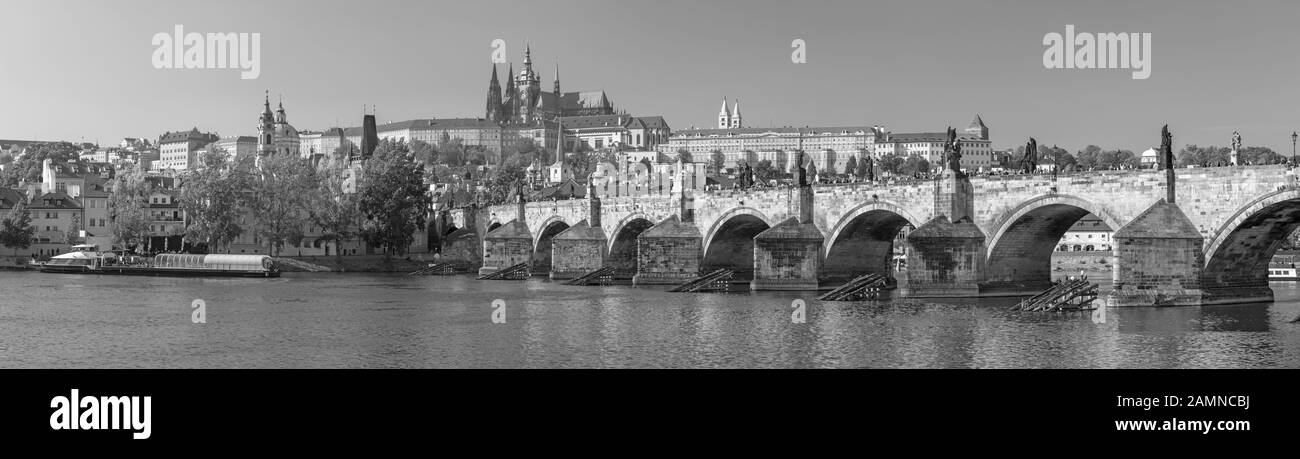 Prague - The panorama of Charles Bridge, Castle and Cathedral withe the Vltava river. Stock Photo