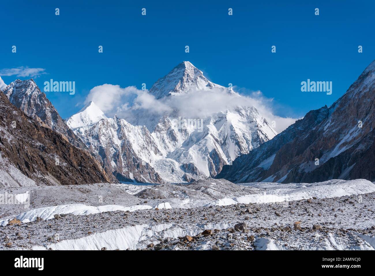 View of K2, the second highest mountain in the world with Upper Baltoro Glacier from Concordia, Pakistan Stock Photo