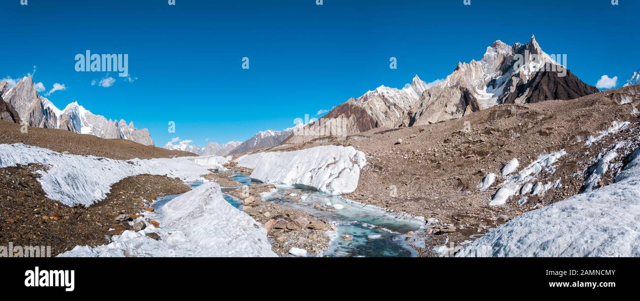 Panoramic view of turquoise water on Baltoro Galcier with Marble Peak in background, nearby Concordia Camp in the morning, Pakistan Stock Photo