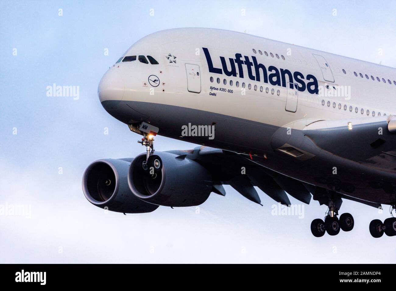 FRANKFURT, GERMANY - DECEMBER 23, 2019: Lufthansa Airbus A380-800 Landing at Frankfurt Airport closeup Stock Photo
