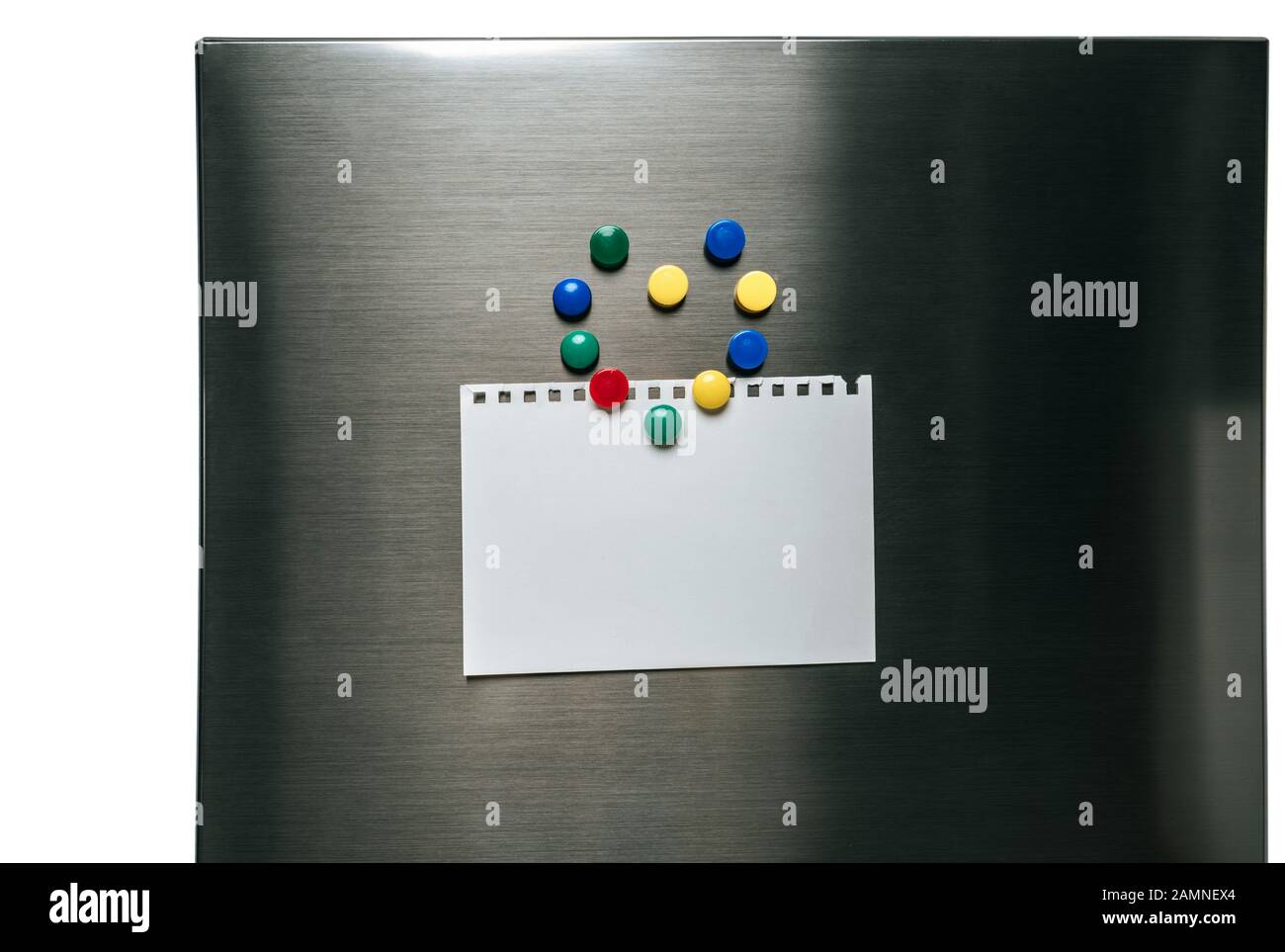 empty paper hanging on stainless steel fridge with arranged in