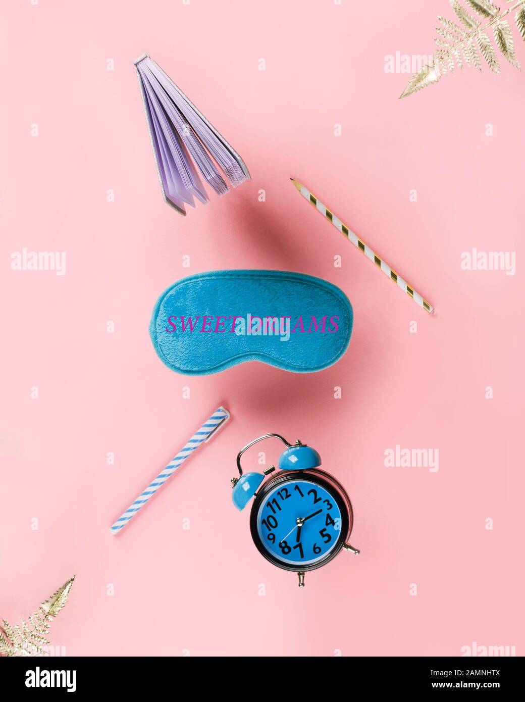 Sleep optimization concept. Mask, alarm, diary Stock Photo Alamy