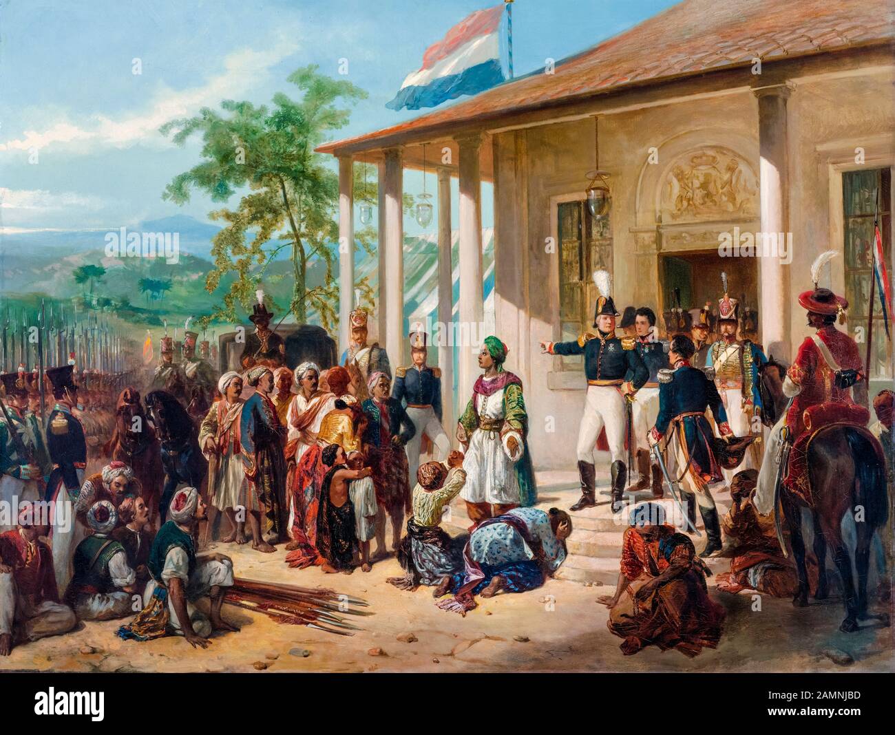 The submission of Prince Pangeran Diponegoro to Lieutenant-General Hendrik Merkus Baron de Kock, 28 March 1830, which ended the Java War (1825–30), painting by Nicolaas Pieneman, 1835 Stock Photo