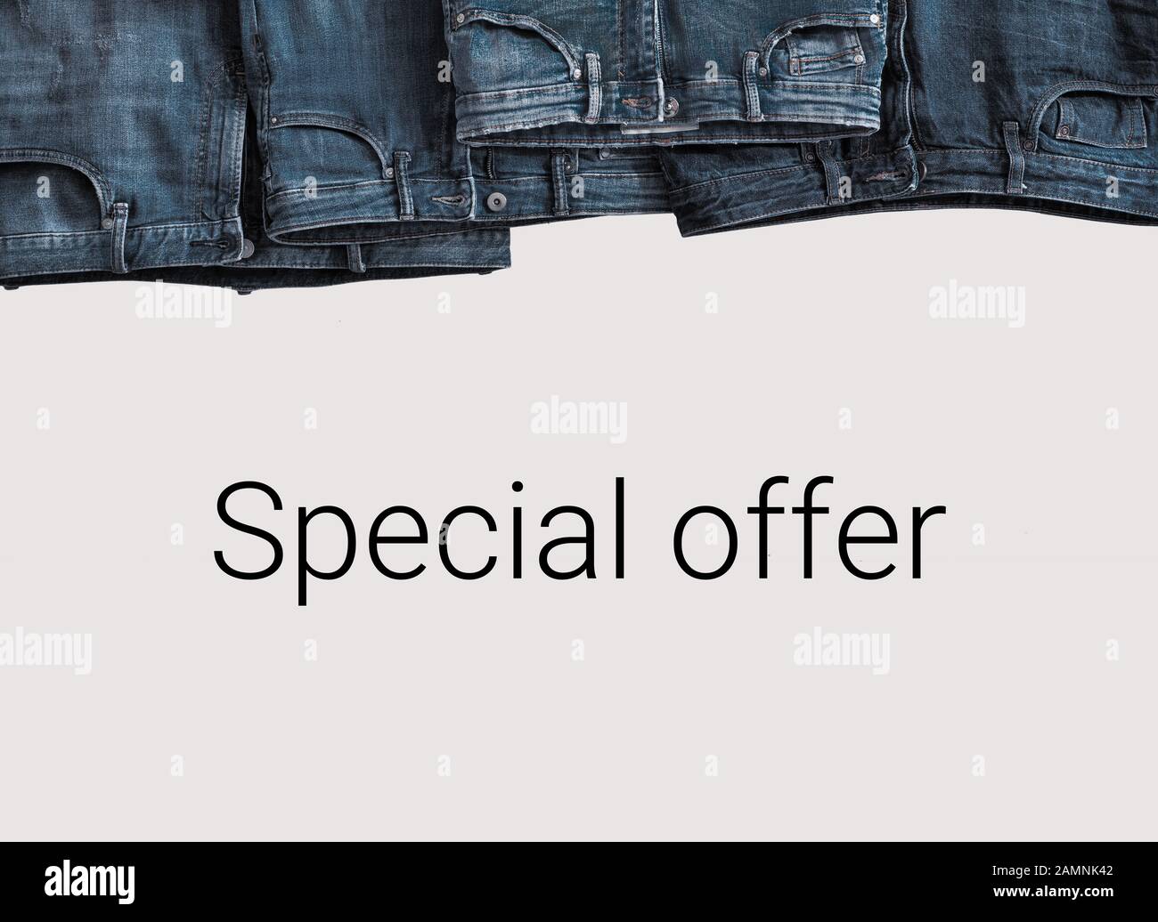 Jeans hang with copy space on bottom edge. Denim and jeans banner. Denim  frame, text place for text. Jeans Casual Fashion banner for special offer  or sale. Horizontal layout template with pants