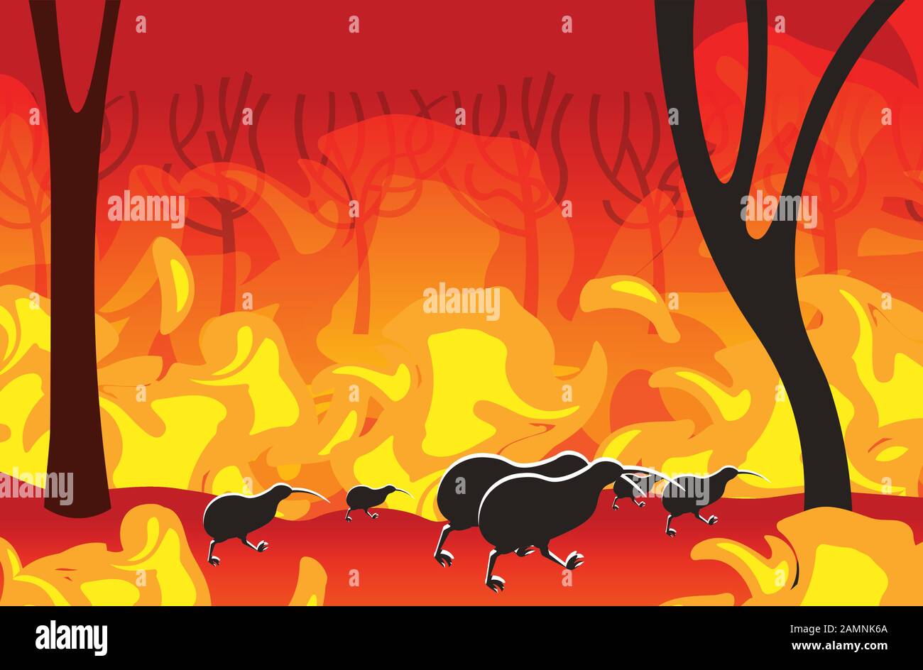 kiwi silhouettes running from forest fires in australia animals dying in wildfire bushfire burning trees natural disaster concept intense orange flames horizontal vector illustration Stock Vector