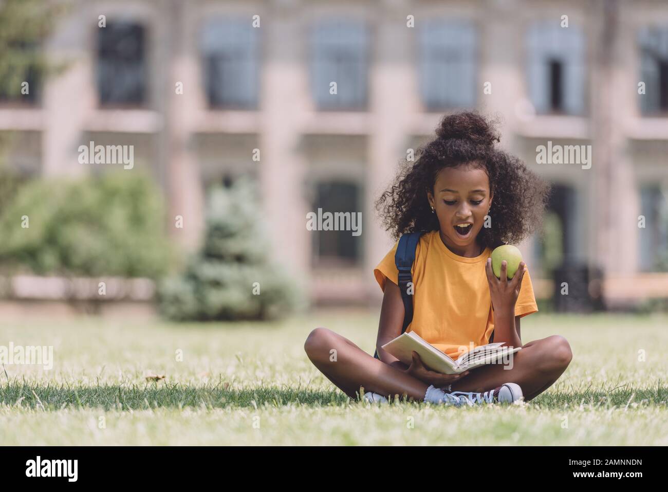 Surprised African American Schoolgirl Reading Book While Sitting On