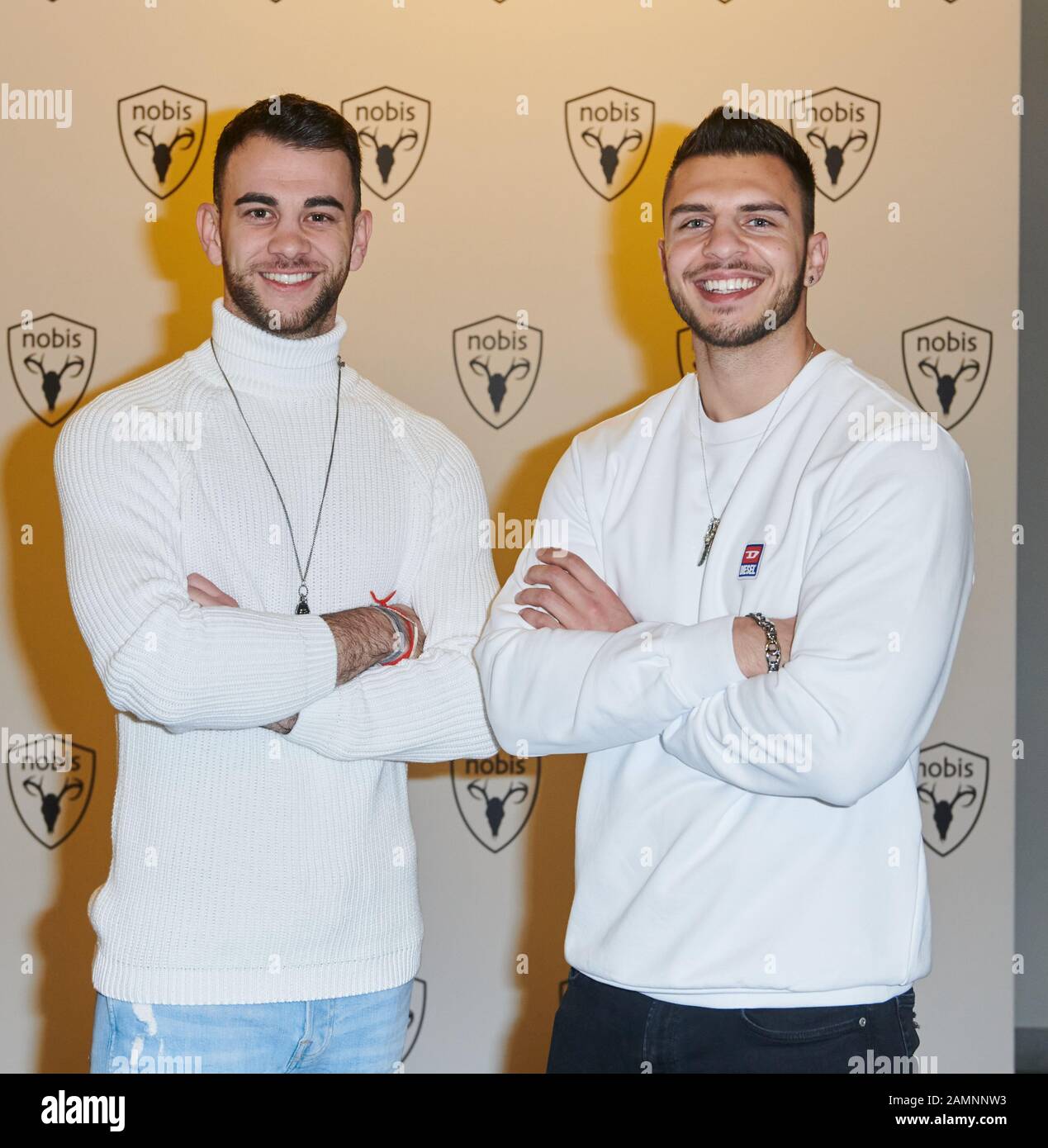 Berlin, Germany. 14th Jan, 2020. Bachelor-in-Paradise candidates Serkan Yavuz (l) and Tim Stammberger come to the Nobis show at the Hotel de Rome. Credit: Annette Riedl/dpa/Alamy Live News Stock Photo