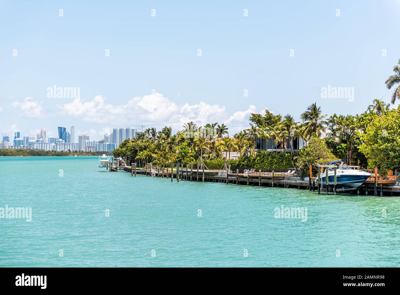 Bal Harbour, Miami Florida with light green turquoise ocean Biscayne Bay Intracoastal water and cityscape skyline of Sunny Isles Beach Stock Photo