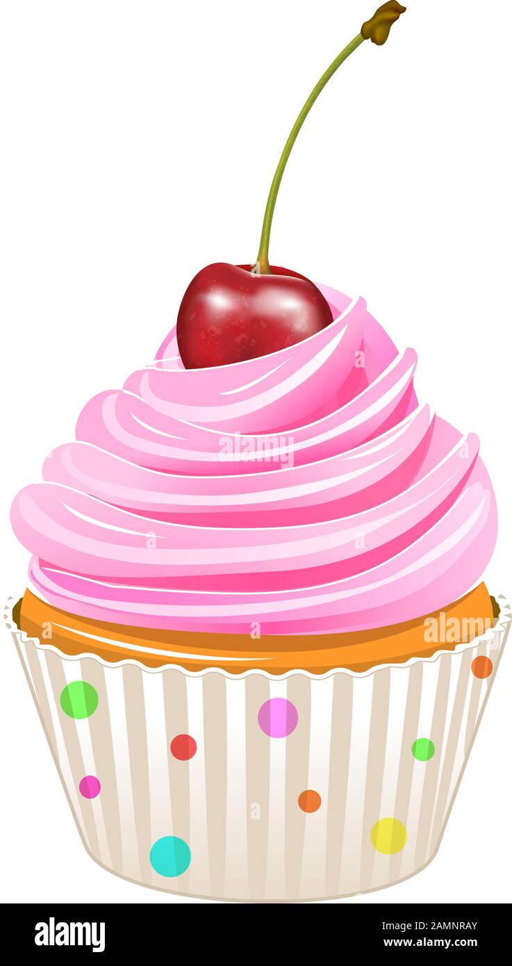 Cupcake decorated with cherries. Cupcake isolated on a white background. Stock Vector