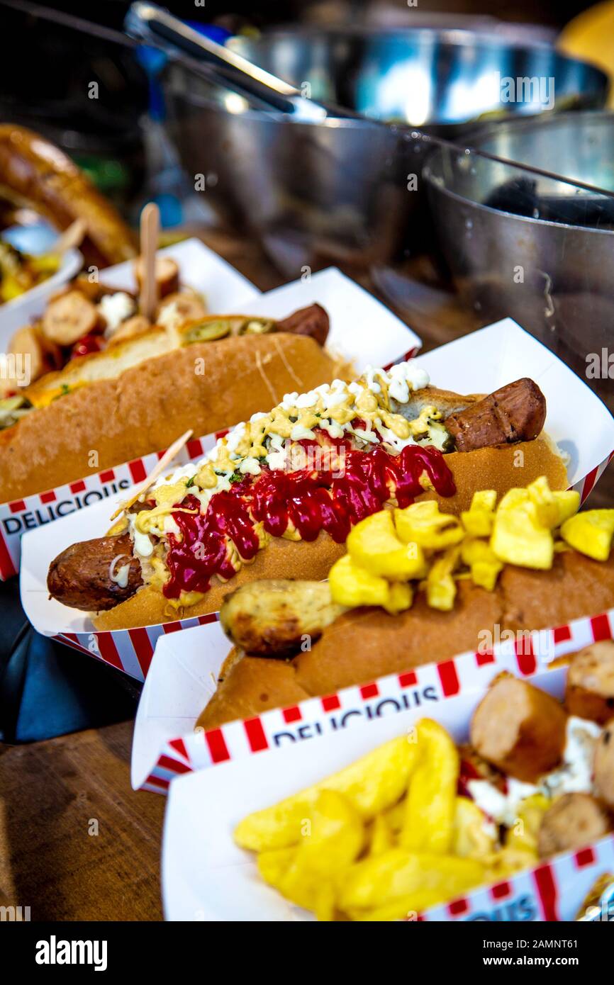 Hot dogs at Christmas by the River market in London Bridge, London, UK Stock Photo