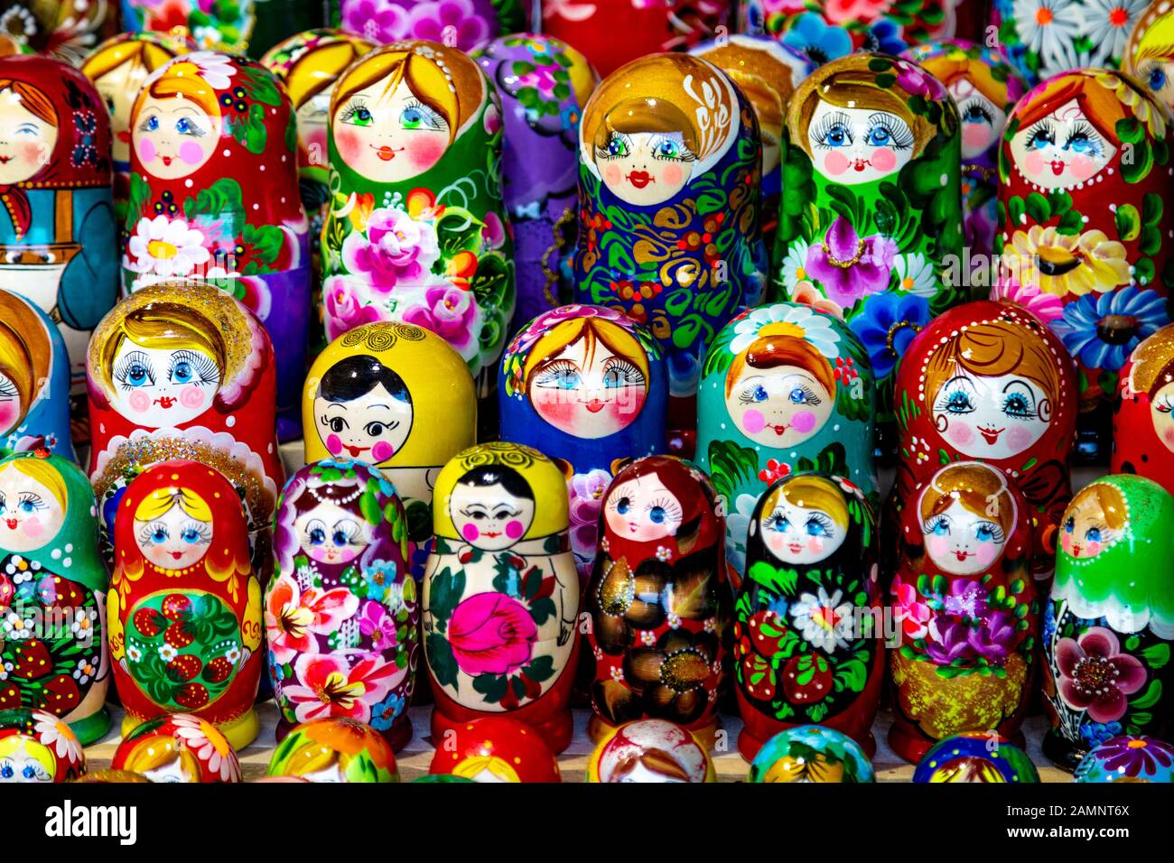 Russian matryoshka nesting dolls at the Mert Gift Craft stall, Christmas by the River market at London Bridge, London, UK Stock Photo