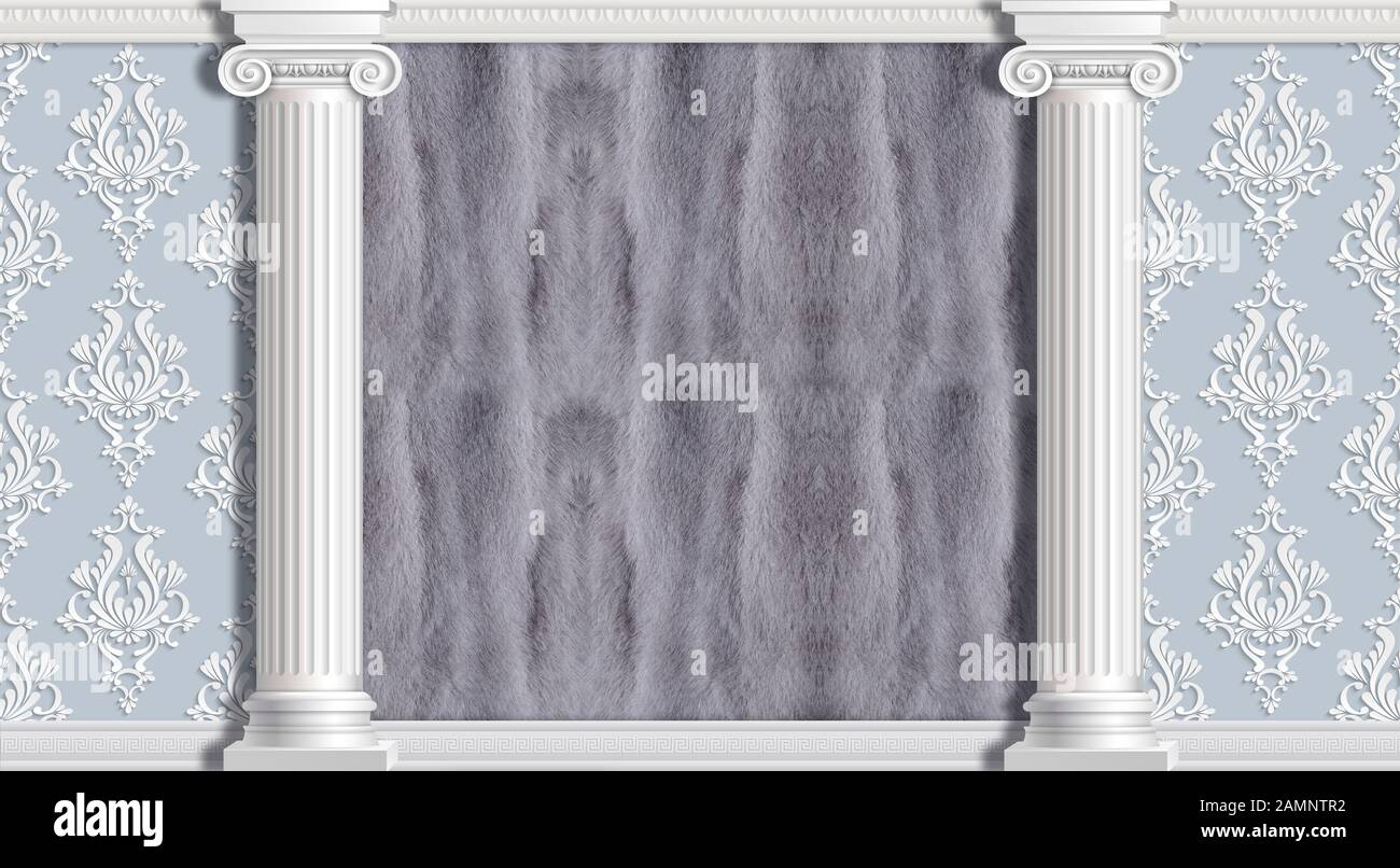 3d wallpapers, columns and fur. 3d background in classical style. Stock Photo