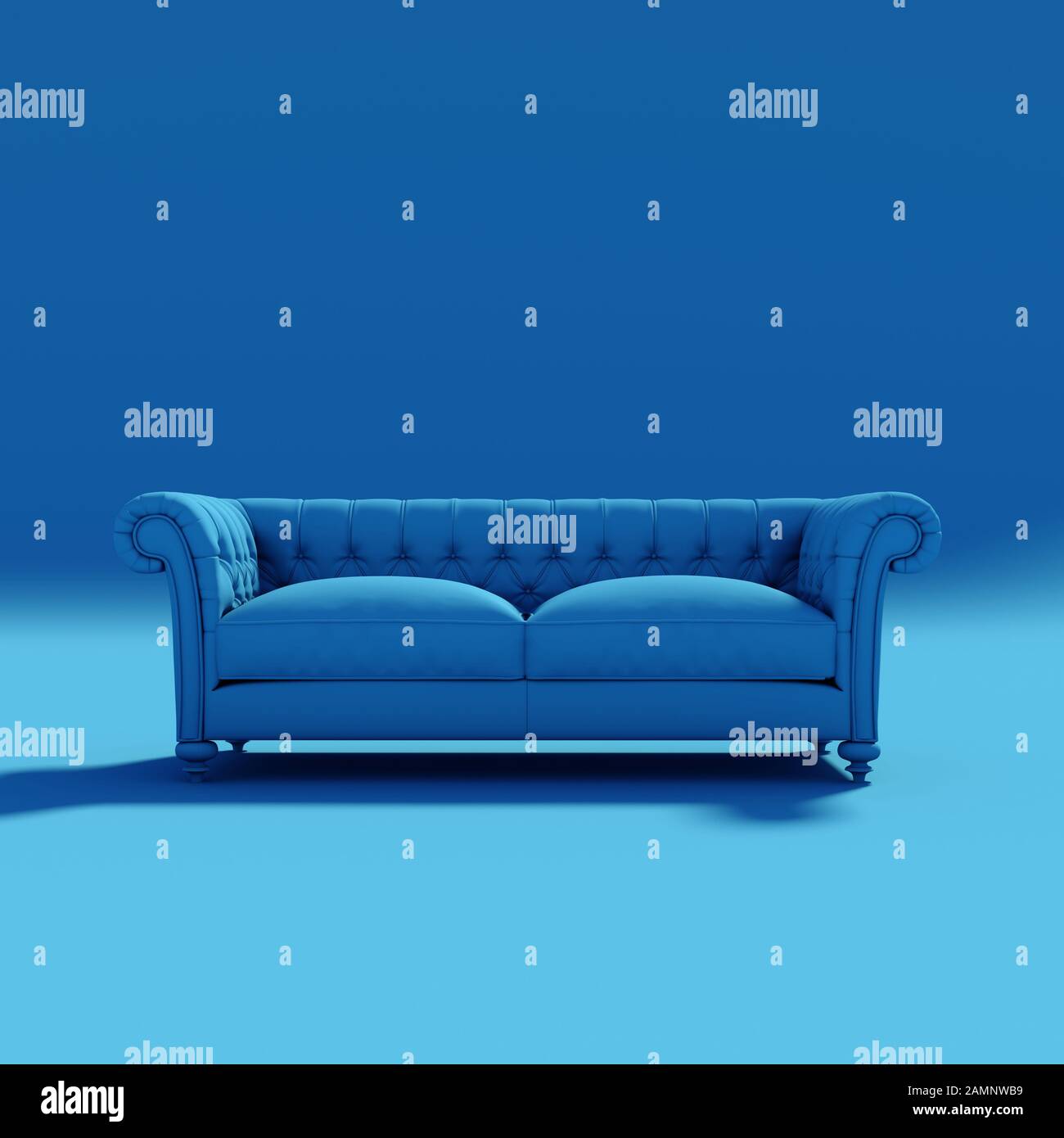 Classic sofa, nobody around. Horizontal image. Concept of design and modern style furniture. 3d render image. Pantone classic blue palette. Stock Photo
