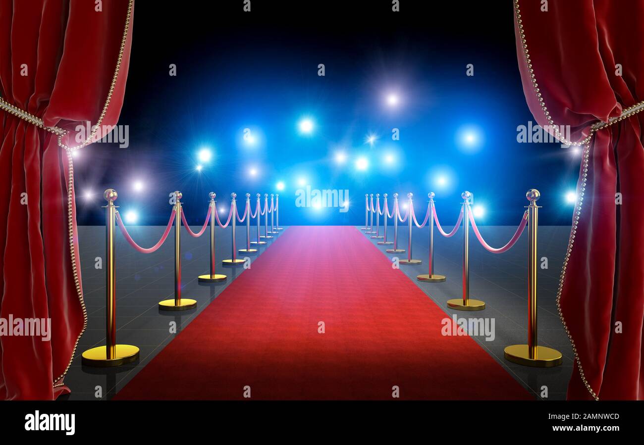 VIP entrance with red carpet and curtains, gold colored barriers with satin cord. black background with flash of paparazzi. Concept of exclusivity and Stock Photo