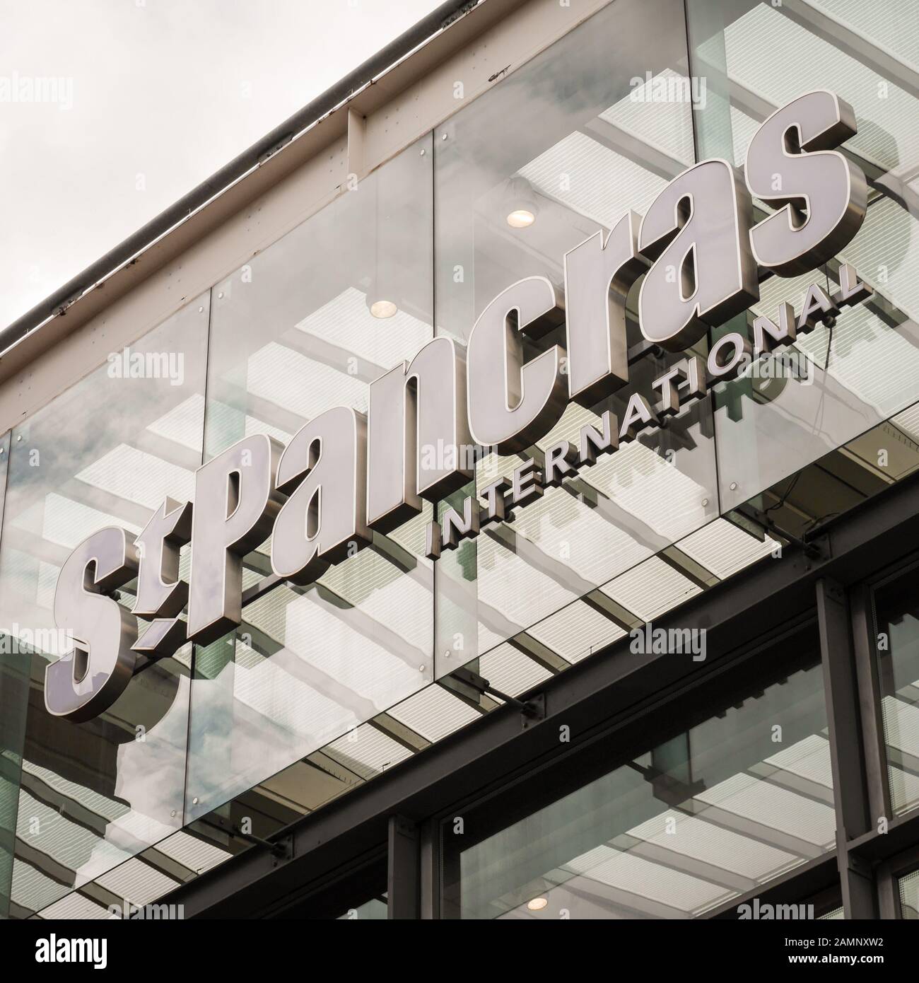 St. Pancras International train station façade and signage in Central London. Stock Photo