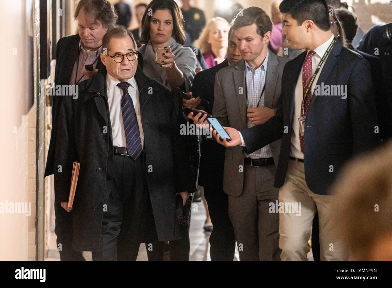 Washington, United States. 14th Jan, 2020. House Judiciary Committee Chairman Jerrold Nadler (D-NY) walks to a Democratic closed caucus meeting to meet with Speaker of the United States House of Representatives Nancy Pelosi (D-CA) and others on Capitol Hill in Washington, DC on Tuesday, January 14, 2020. Photo by Ken Cedeno/UPI. Credit: UPI/Alamy Live News Stock Photo