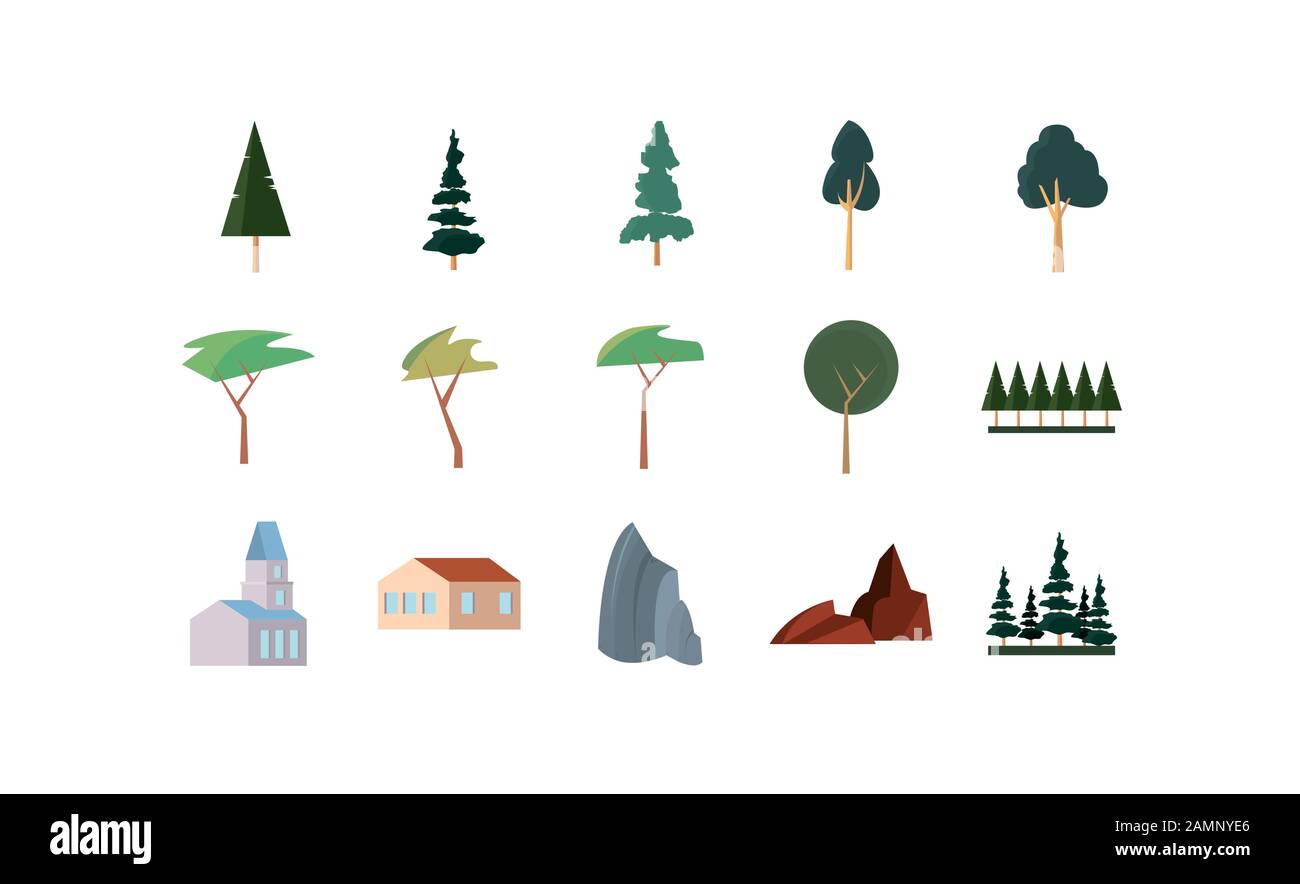 Trees and buildings icon set design, Nature plant summer season ...