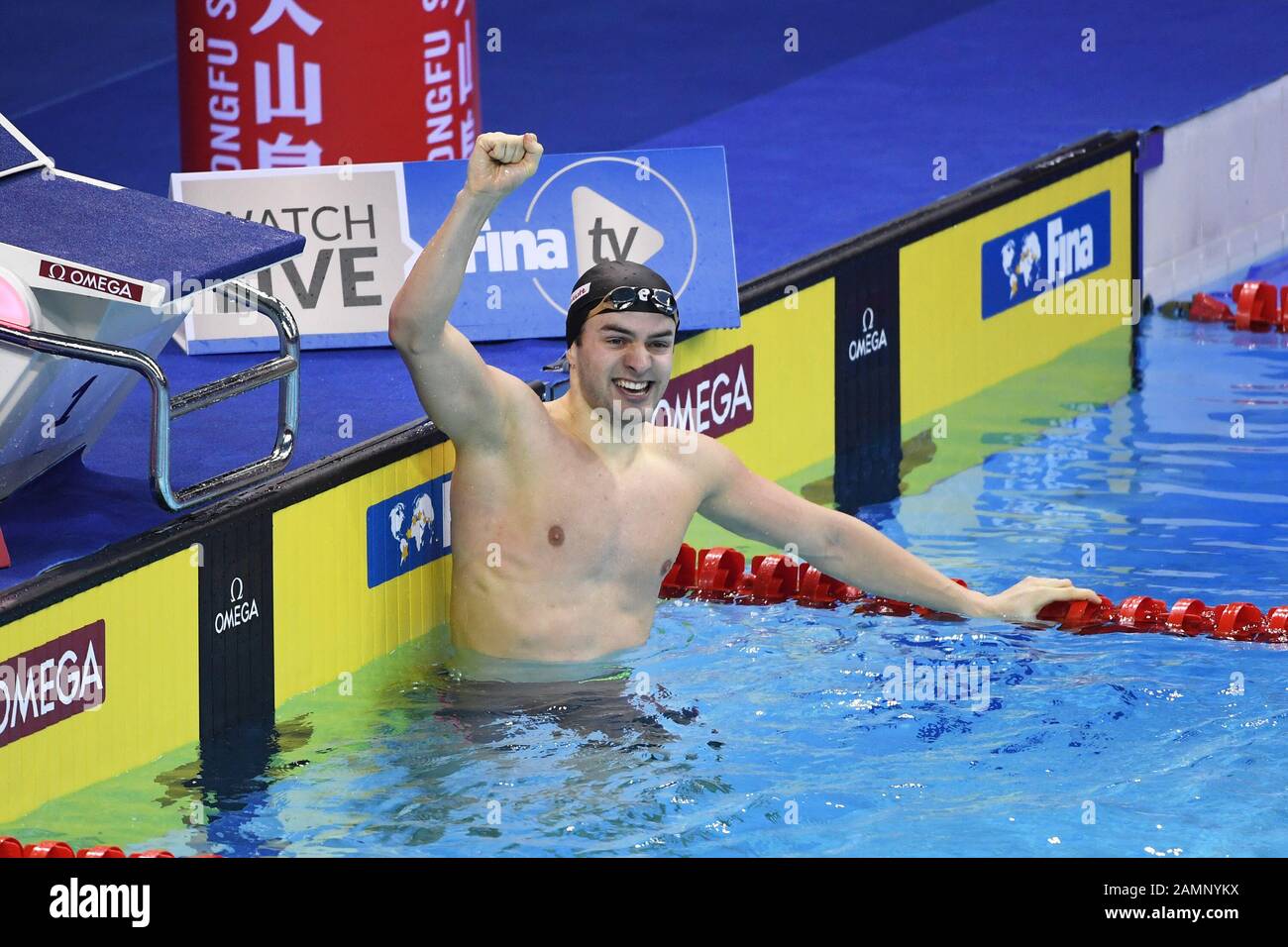 Shenzhen, China's Guangdong province. 14th Jan, 2020. Kamminga Arno of the  Netherlands celebrates after winning the men's 100m breaststroke final of FINA  Champions Swim Series 2020 in Shenzhen, south China's Guangdong province,